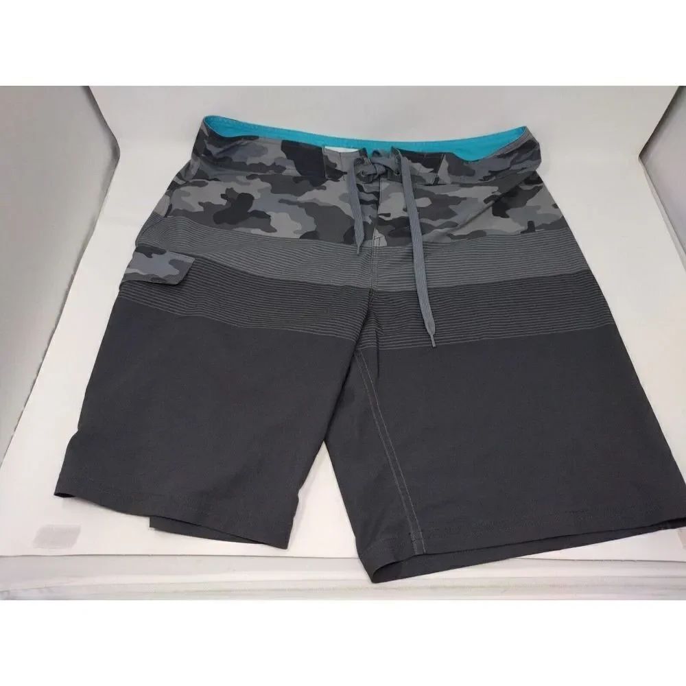 Sonoma Men's 36 Waist Swimming Trunks Board Shorts Gray Camo and Stripes Tie